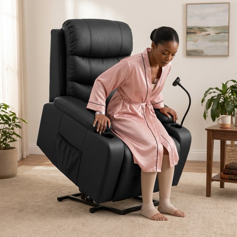 Pessoa usando a poltrona reclinável elétrica Elevare Care, com apoio para elevação assistida no pós-operatório